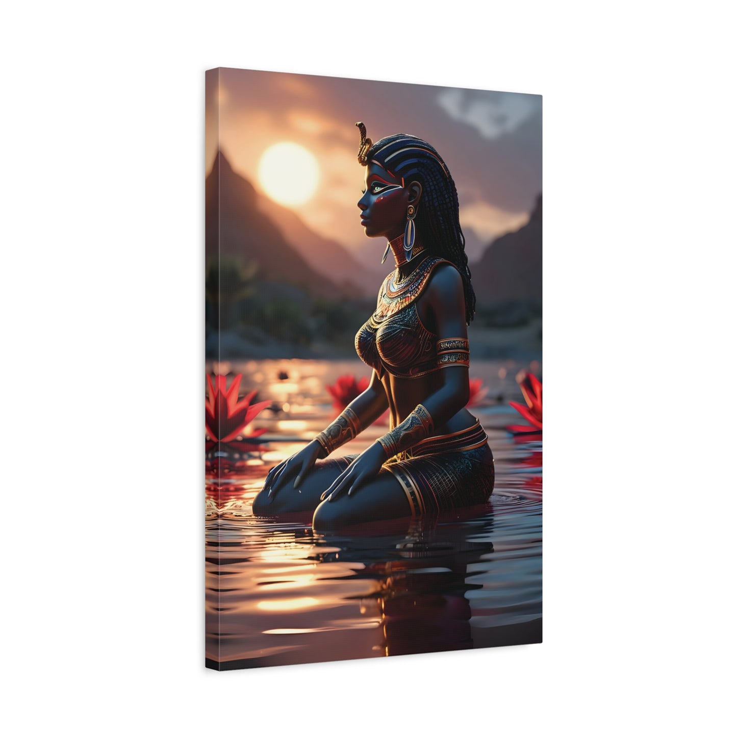 African Goddess Wall Art – Black Queen in Water at Sunset | Afrocentric Spiritual Decor, Unique Gift for Her, Yoga Studio Decor, Inspirational Decor