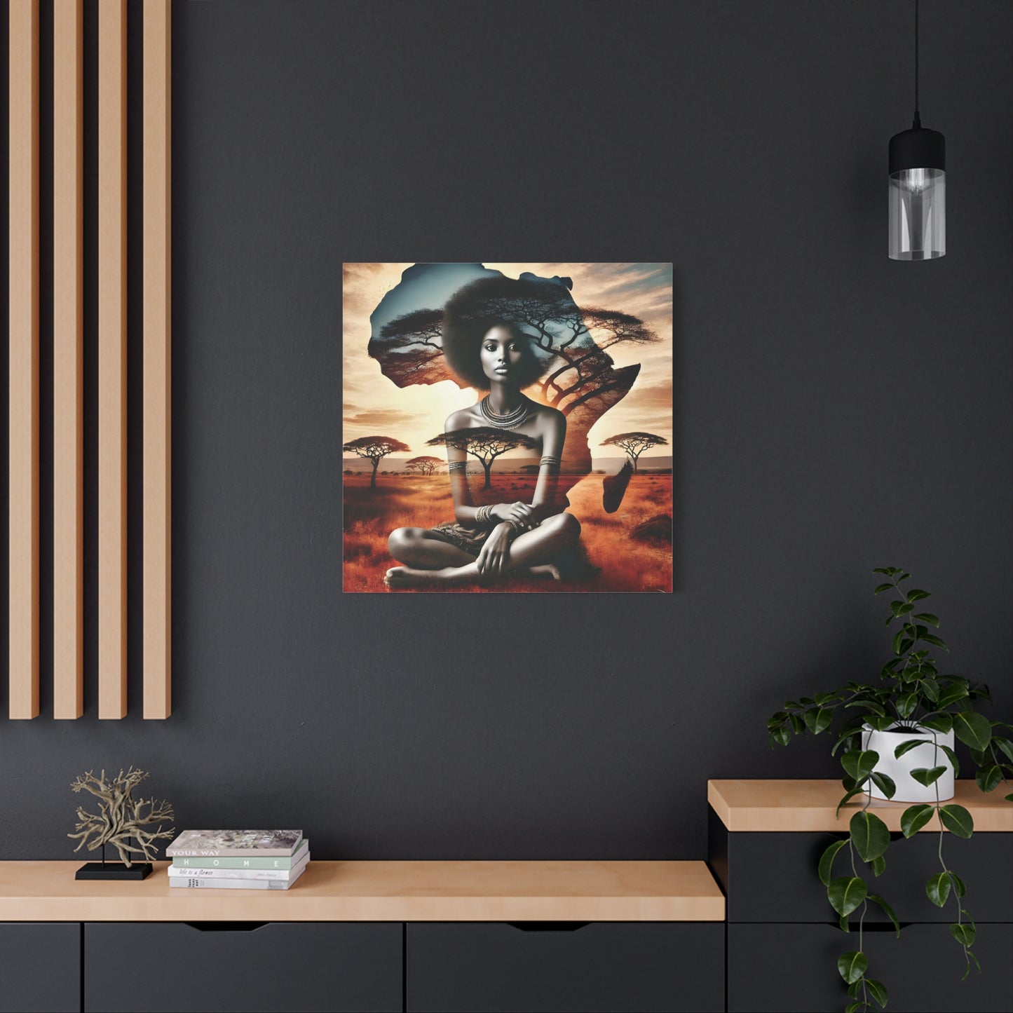 African Queen Canvas Wall Art Print – Afrocentric Woman with Africa Map and Acacia Trees, Ethnic Vibe and Culture Lovers, Living Room Art