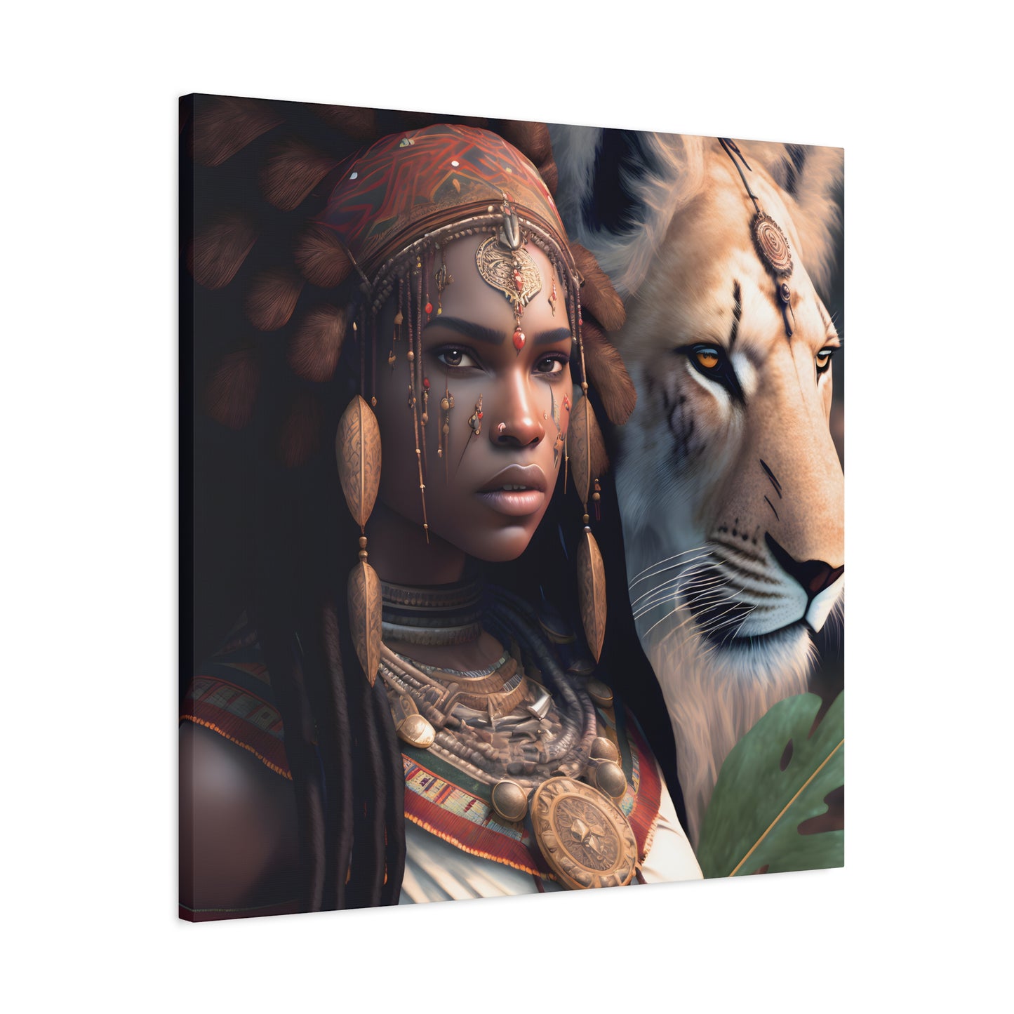 African Tribal Queen and White Lion Canvas – Regal Afrocentric Canvas Art Print, Bohemian Decor, Unique Wall Art, Tribal Home Decoration, Lion and Woman Artwork, Gift for Nature Lovers