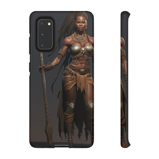 African Female Warrior Phone Case – Powerful Spear-Wielding Tribal Art Design, Bold Protective Cover