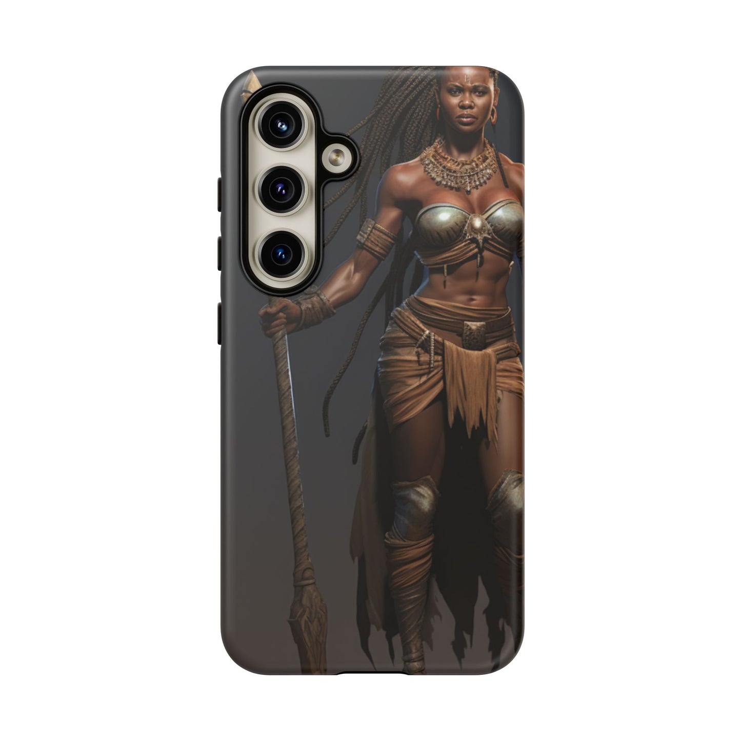 African Female Warrior Phone Case – Powerful Spear-Wielding Tribal Art Design, Bold Protective Cover