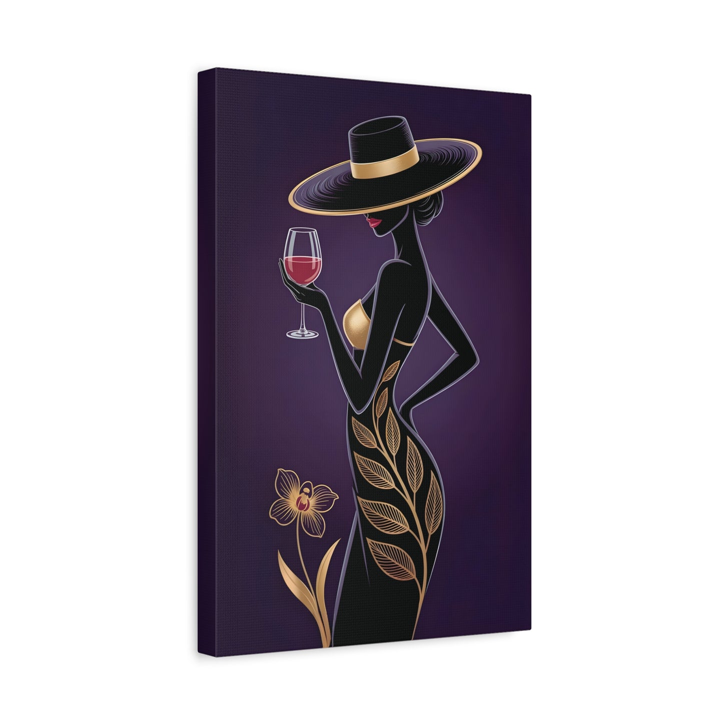 Elegant Afro Woman Canvas Wall Art – Black & Gold Fashion Lady with Wine Glass, Stylish Wall Art, Modern Home, Gift for Hostess, Fashionable Wall Decor