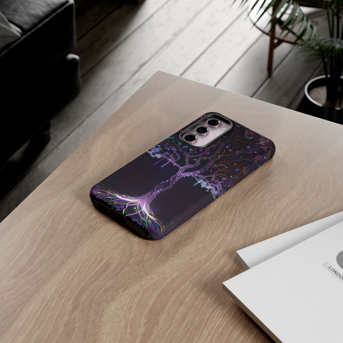 Dark Purple Tree Phone Case – Luminous Nature Art, Mystical Night Design Protective Cove