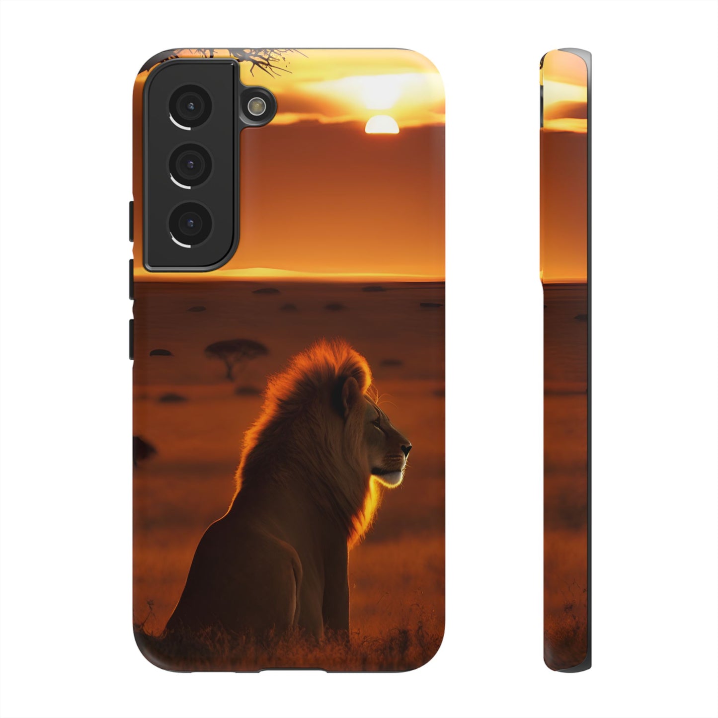 Lion Sunset Phone Case – Majestic Wildlife Art with Tree Silhouette, Safari-Inspired Protective Cover