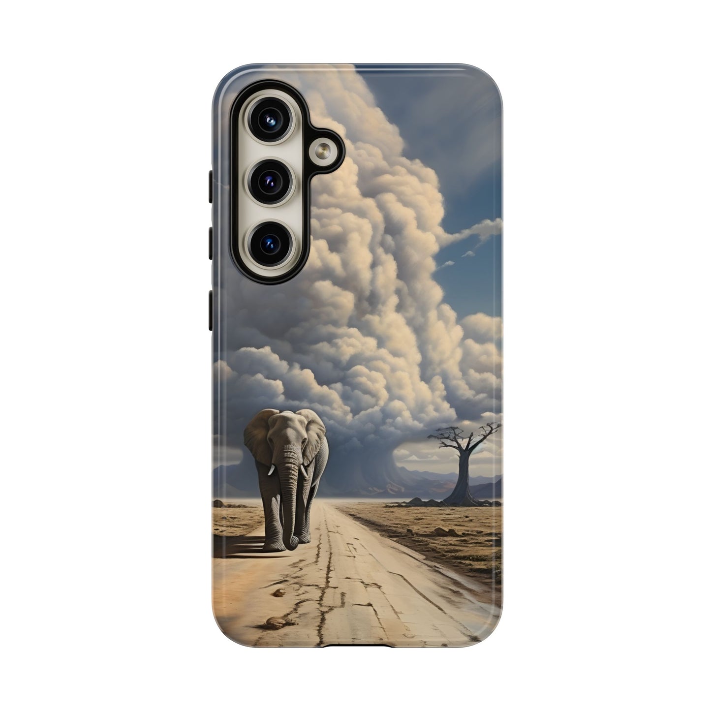 Elephant on Old Road Phone Case – Majestic Wildlife Art with Dramatic Cloud, Nature-Inspired Protective Cover