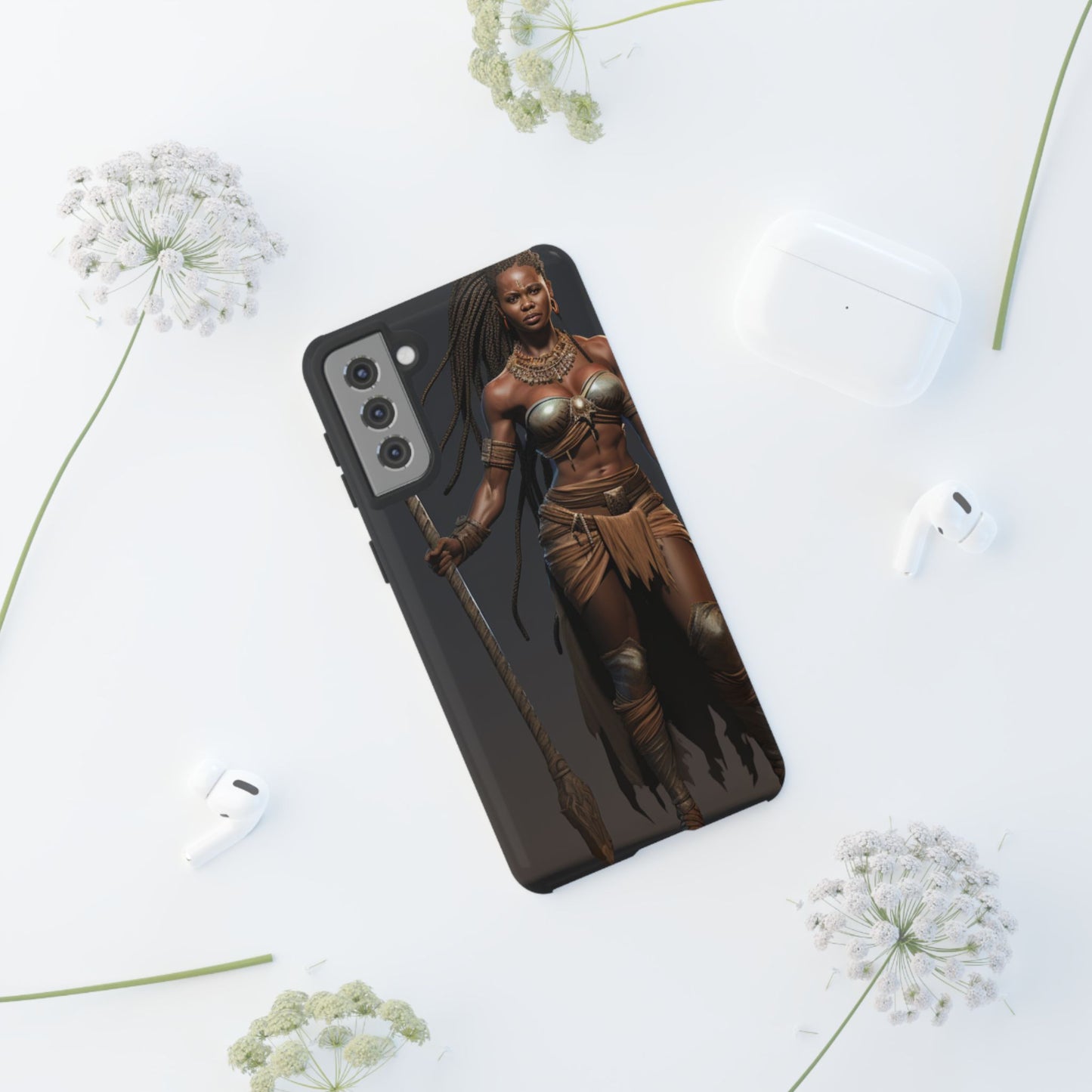 African Female Warrior Phone Case – Powerful Spear-Wielding Tribal Art Design, Bold Protective Cover