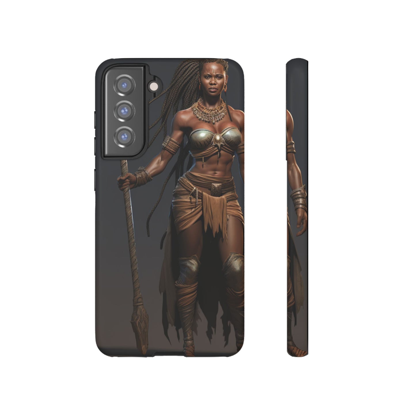 African Female Warrior Phone Case – Powerful Spear-Wielding Tribal Art Design, Bold Protective Cover