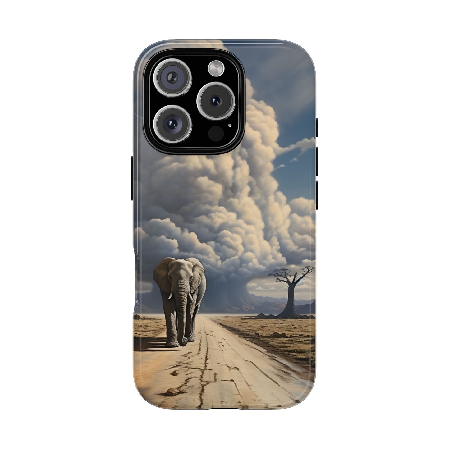 Elephant on Old Road Phone Case – Majestic Wildlife Art with Dramatic Cloud, Nature-Inspired Protective Cover