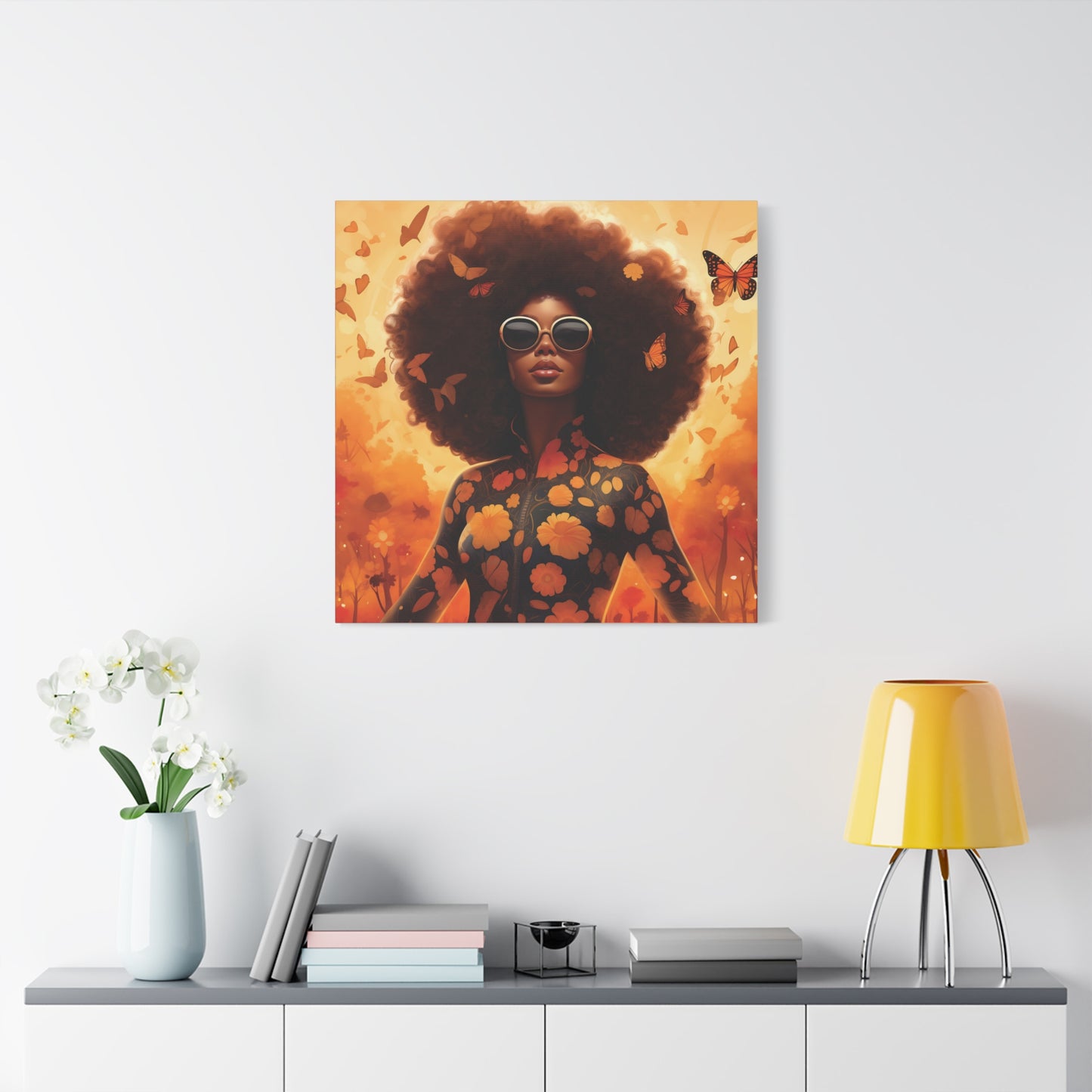 Floral Canvas Art, Bohemian Wall Decor, Afrocentric Home Decor, Vibrant Modern Art, Unique Gift Idea, Orange Butterfly Artwork