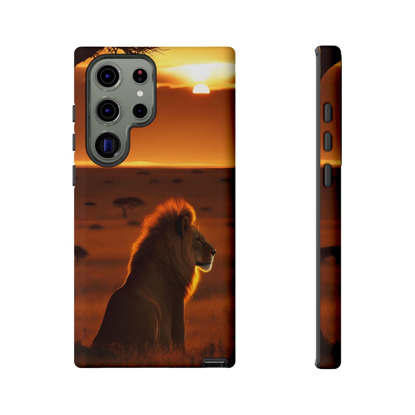 Lion Sunset Phone Case – Majestic Wildlife Art with Tree Silhouette, Safari-Inspired Protective Cover