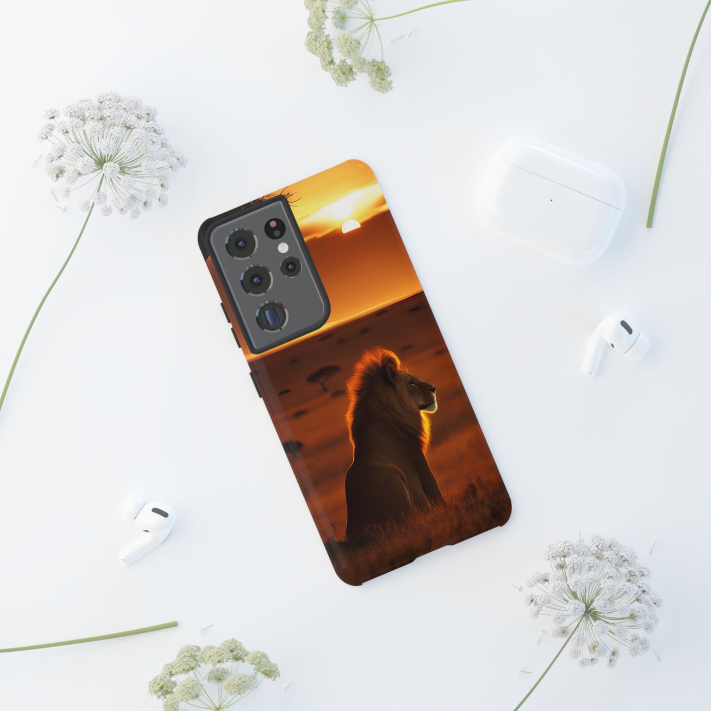 Lion Sunset Phone Case – Majestic Wildlife Art with Tree Silhouette, Safari-Inspired Protective Cover