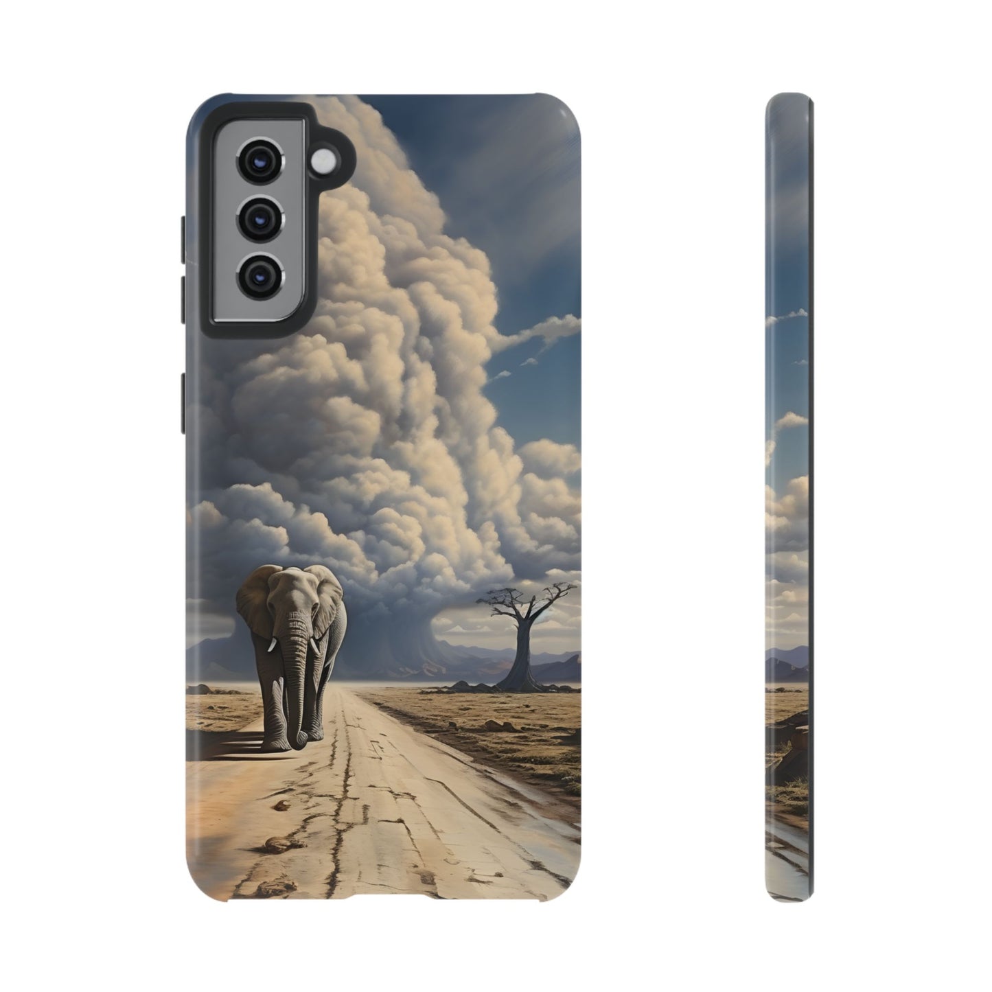 Elephant on Old Road Phone Case – Majestic Wildlife Art with Dramatic Cloud, Nature-Inspired Protective Cover