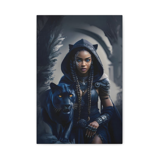 Fantasy Canvas Wall Art - Warrior with Panther, Home Decor, Black Art Print, Gift for Her, Boho Wall Hanging, Magical Room Decor, Afro