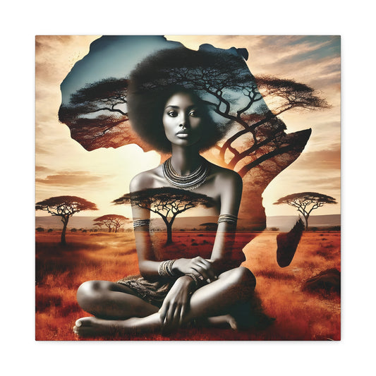 African Queen Canvas Wall Art Print – Afrocentric Woman with Africa Map and Acacia Trees, Ethnic Vibe and Culture Lovers, Living Room Art