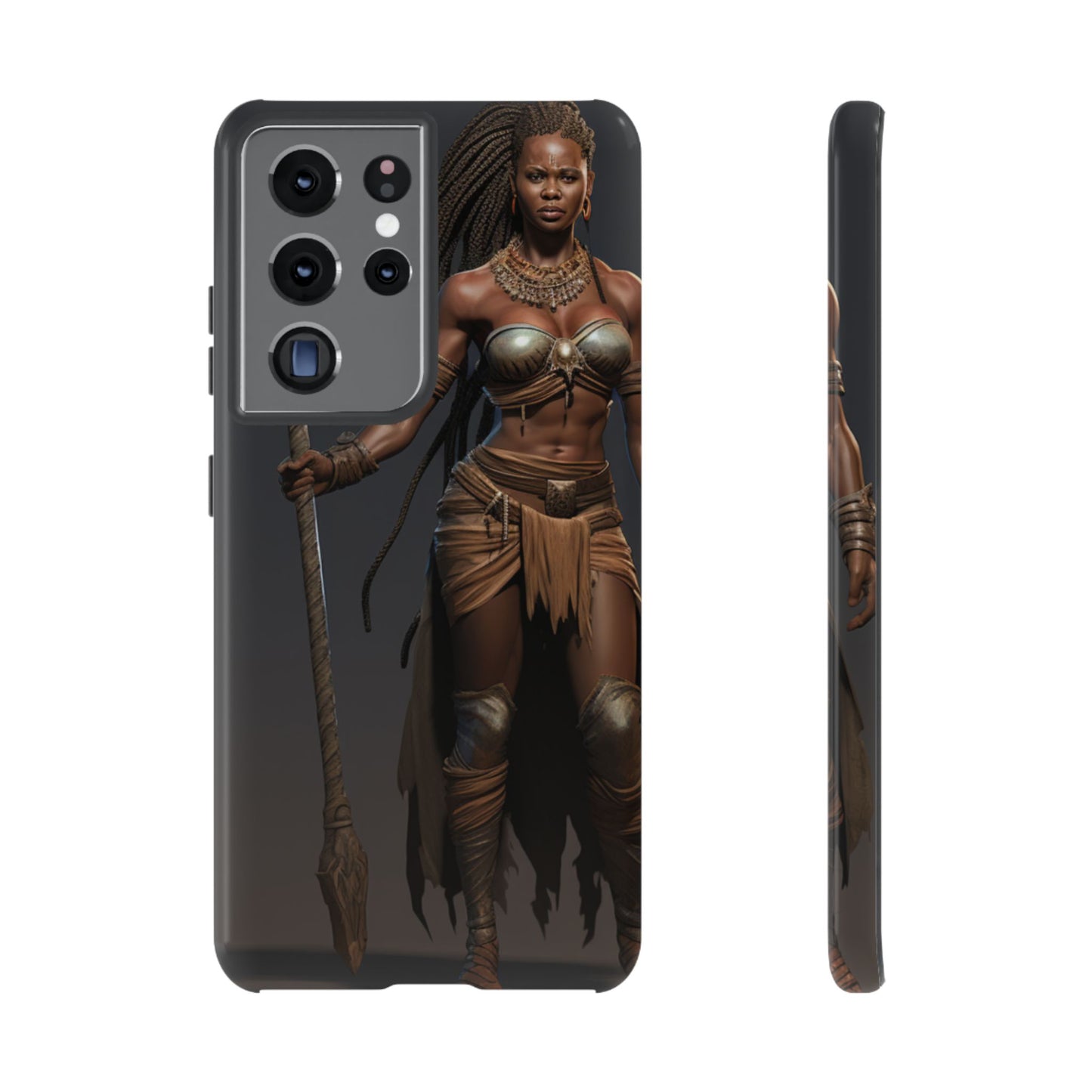 African Female Warrior Phone Case – Powerful Spear-Wielding Tribal Art Design, Bold Protective Cover