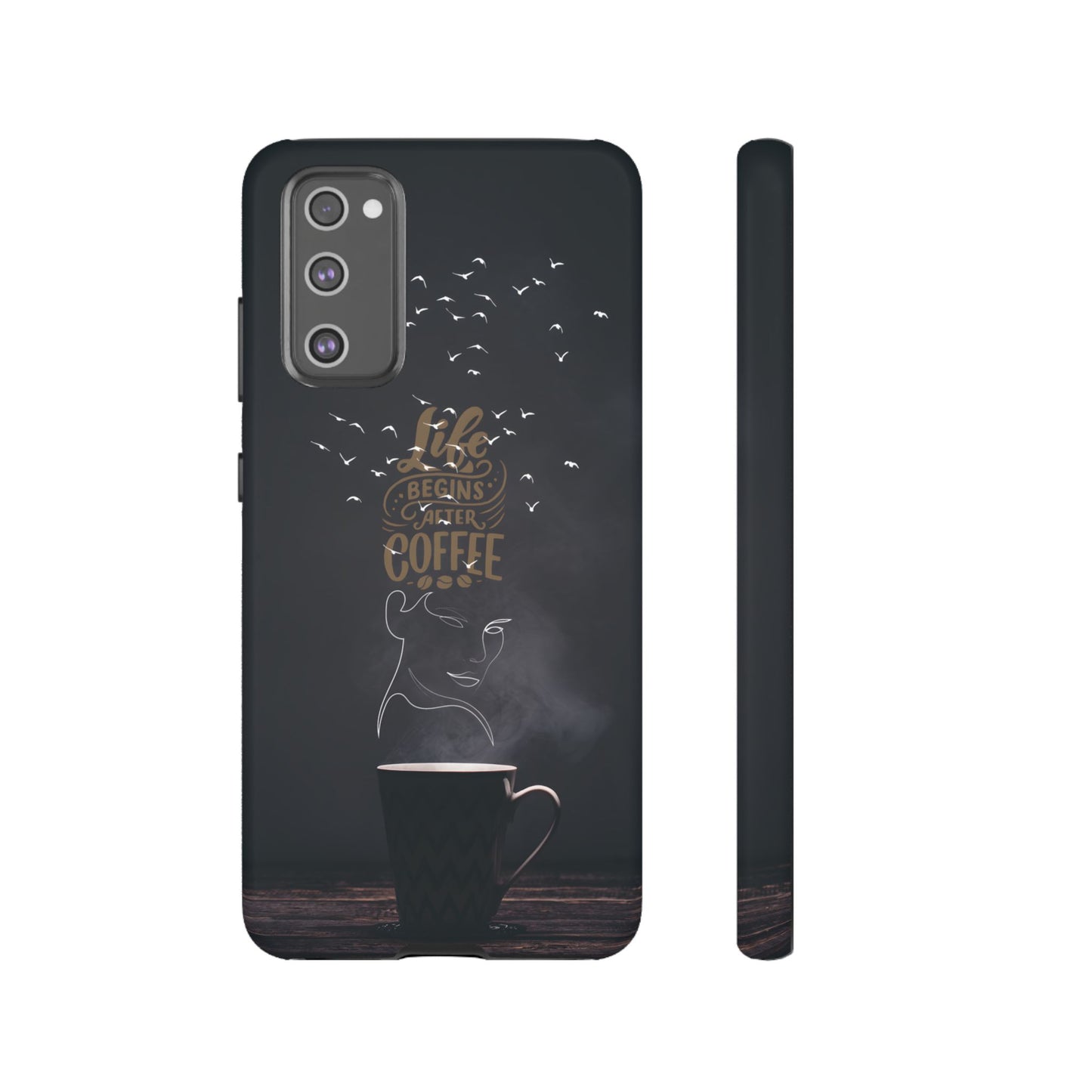 Life Begins After Coffee Phone Case – Coffee Mug Art with Woman's Face & Flying Birds, Unique Inspirational Design