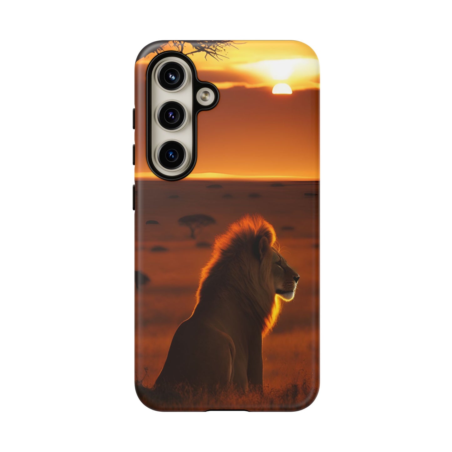 Lion Sunset Phone Case – Majestic Wildlife Art with Tree Silhouette, Safari-Inspired Protective Cover