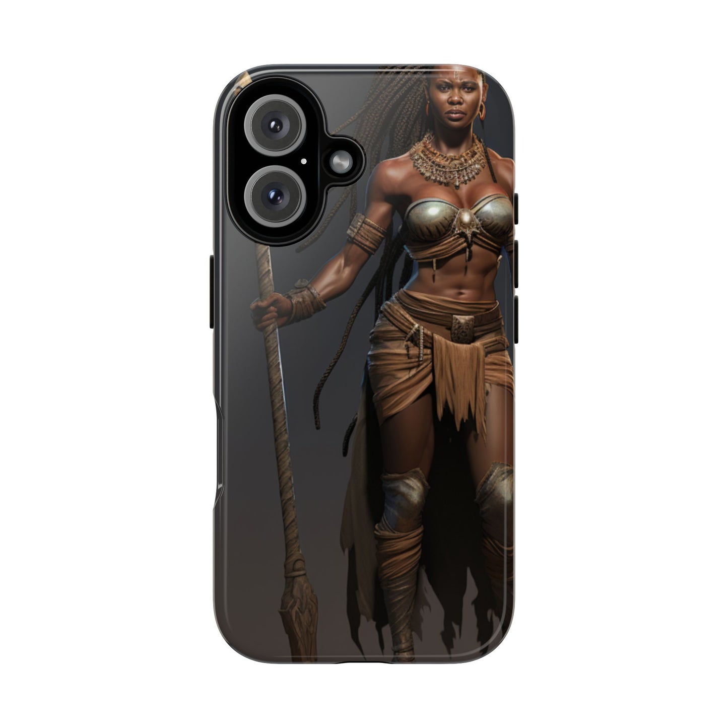 African Female Warrior Phone Case – Powerful Spear-Wielding Tribal Art Design, Bold Protective Cover