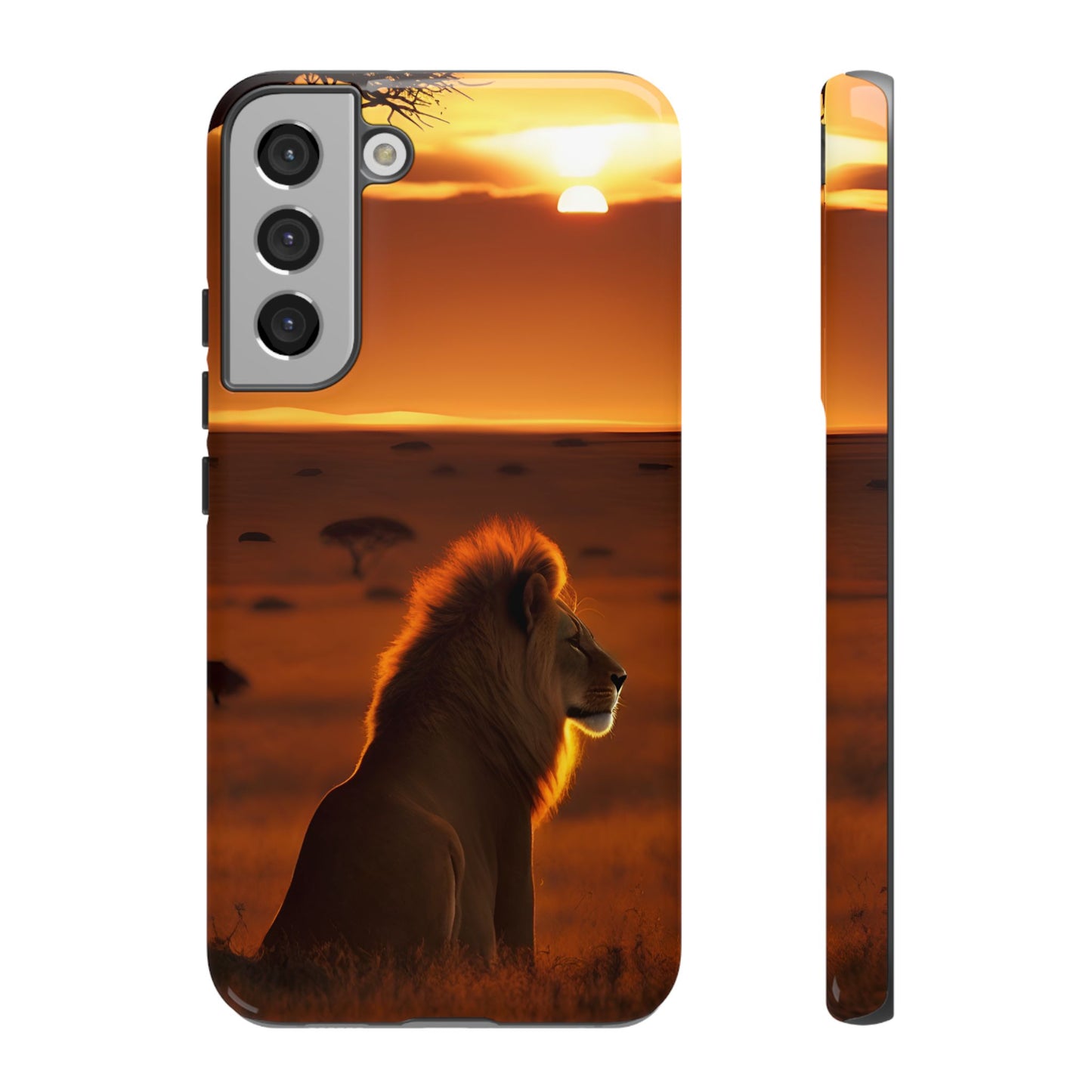 Lion Sunset Phone Case – Majestic Wildlife Art with Tree Silhouette, Safari-Inspired Protective Cover