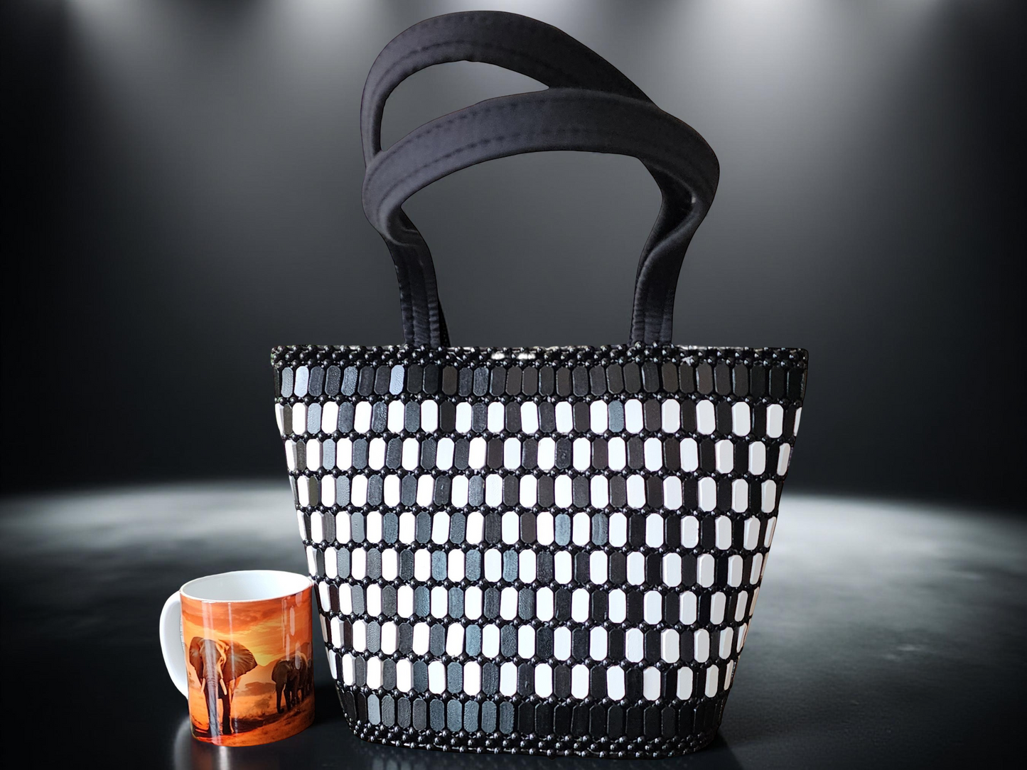 Handmade Black & White Beaded Tote Bag – African-Inspired Woven Shoulder Purse for Women