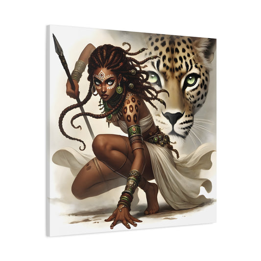 African Warrior Queen and Leopard Art – Empowering Canvas Wall Decor, Jungle Queen, Home Decor, African Art, Nature Inspired
