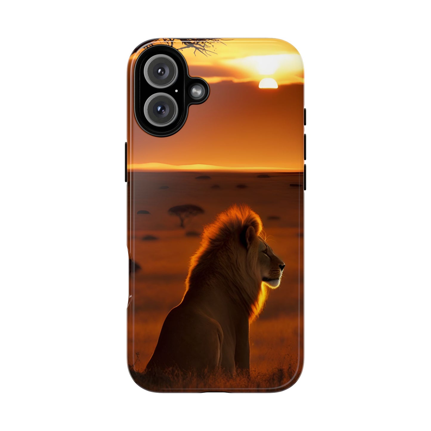 Lion Sunset Phone Case – Majestic Wildlife Art with Tree Silhouette, Safari-Inspired Protective Cover