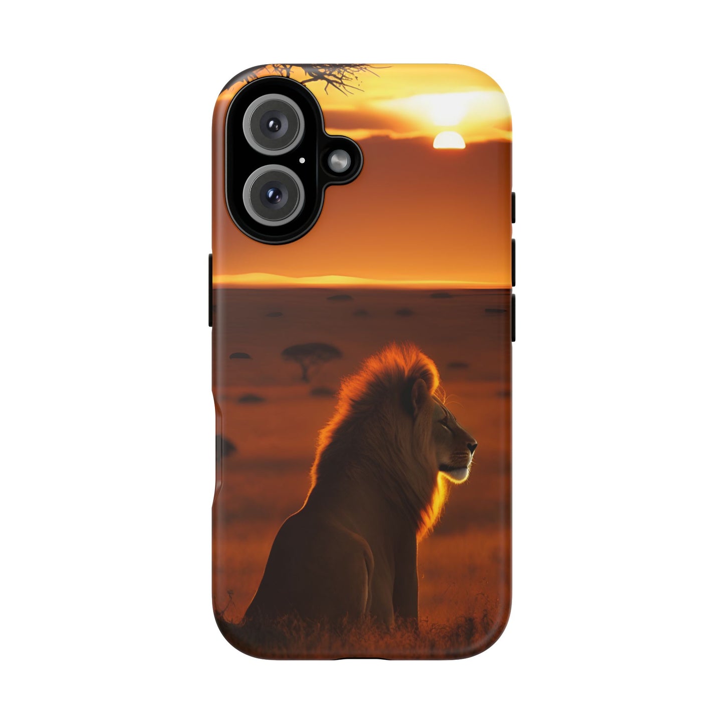 Lion Sunset Phone Case – Majestic Wildlife Art with Tree Silhouette, Safari-Inspired Protective Cover