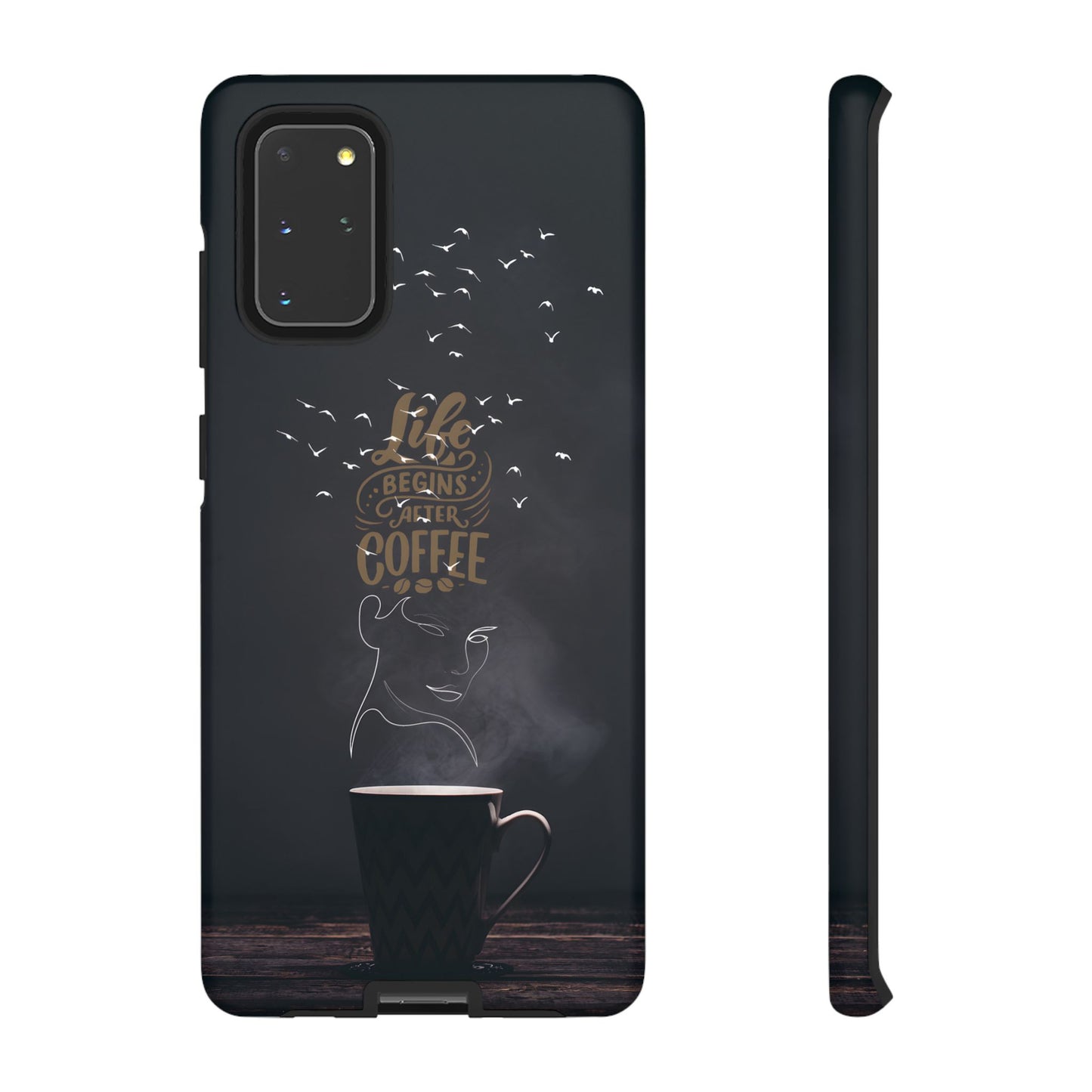 Life Begins After Coffee Phone Case – Coffee Mug Art with Woman's Face & Flying Birds, Unique Inspirational Design