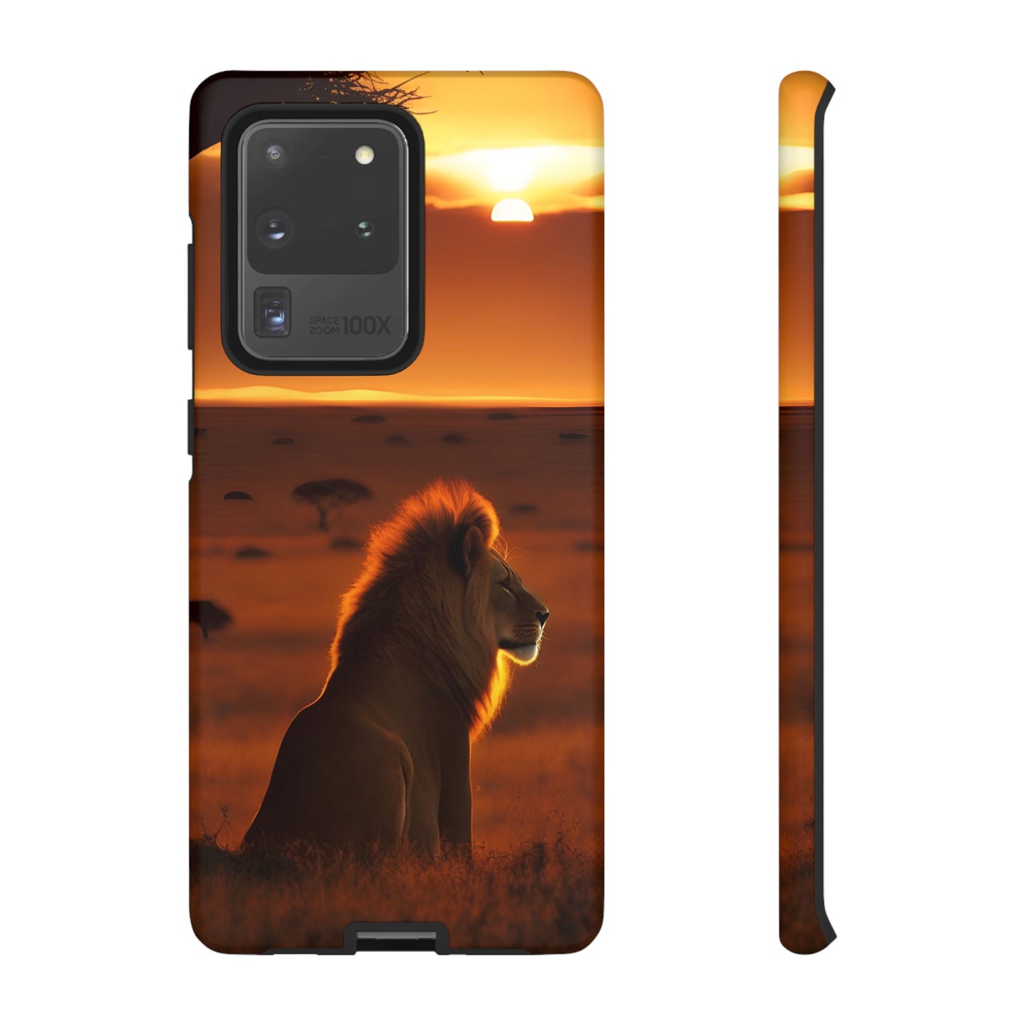 Lion Sunset Phone Case – Majestic Wildlife Art with Tree Silhouette, Safari-Inspired Protective Cover