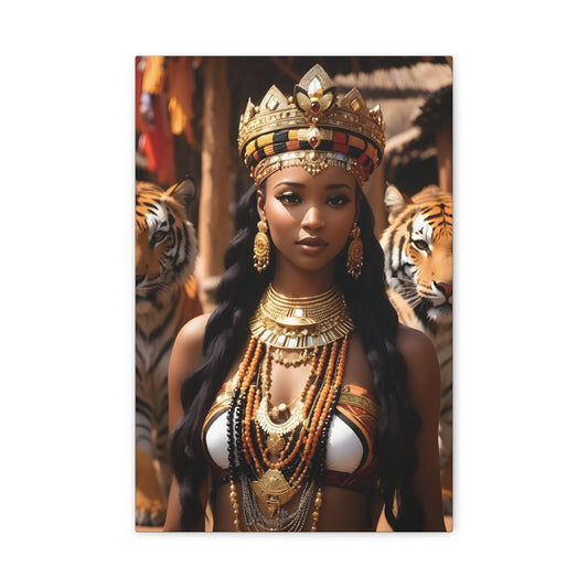 African Royal Queen with Tigers Wall Art – Tribal Crown & Golden Jewelry | Afrocentric Power Decor Bohemian Home Decor, Ethnic Artwork