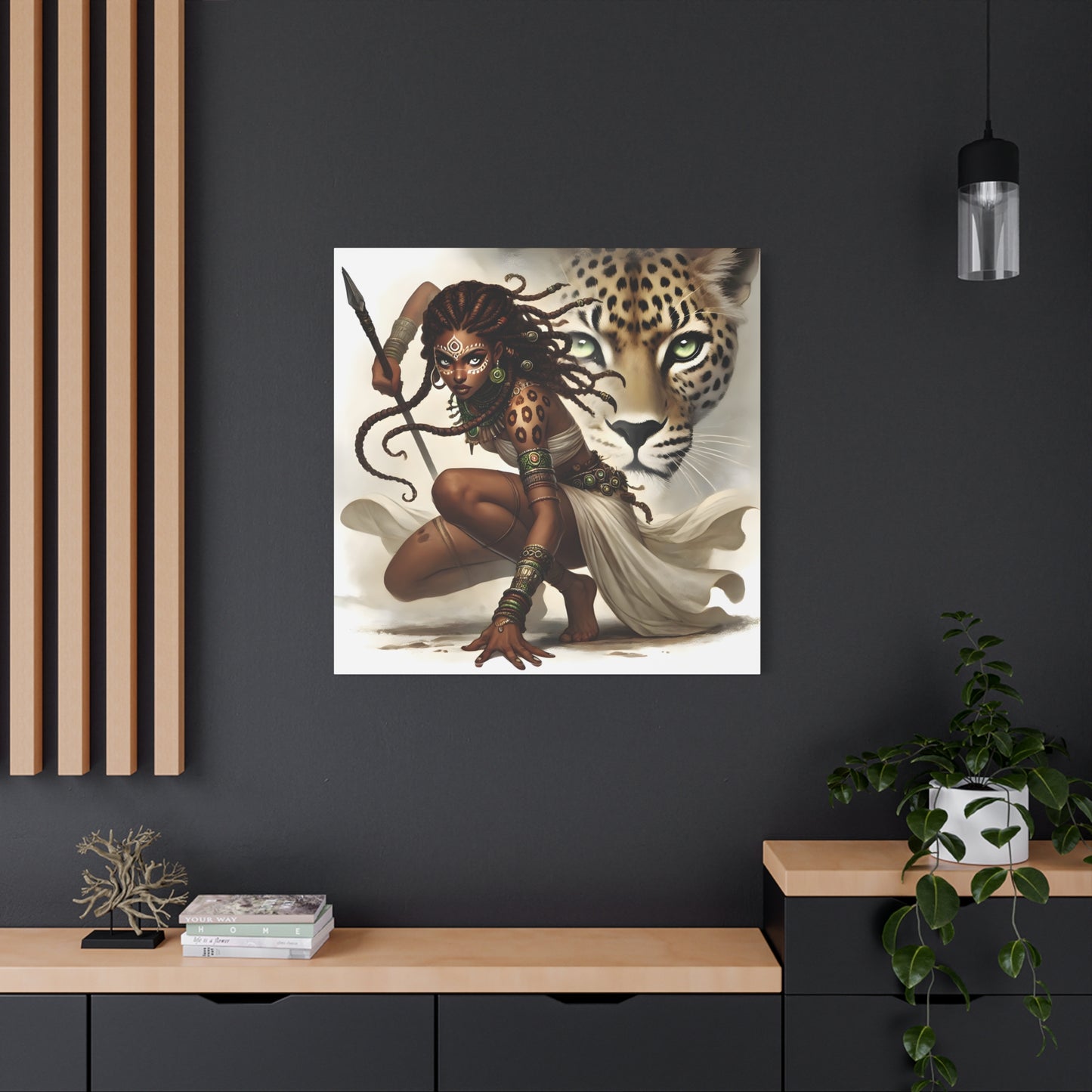 African Warrior Queen and Leopard Art – Empowering Canvas Wall Decor, Jungle Queen, Home Decor, African Art, Nature Inspired