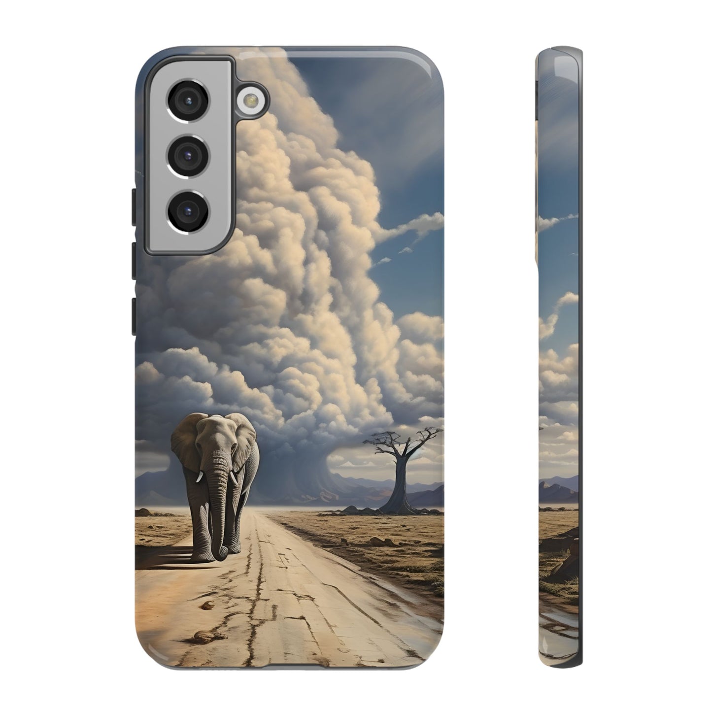 Elephant on Old Road Phone Case – Majestic Wildlife Art with Dramatic Cloud, Nature-Inspired Protective Cover