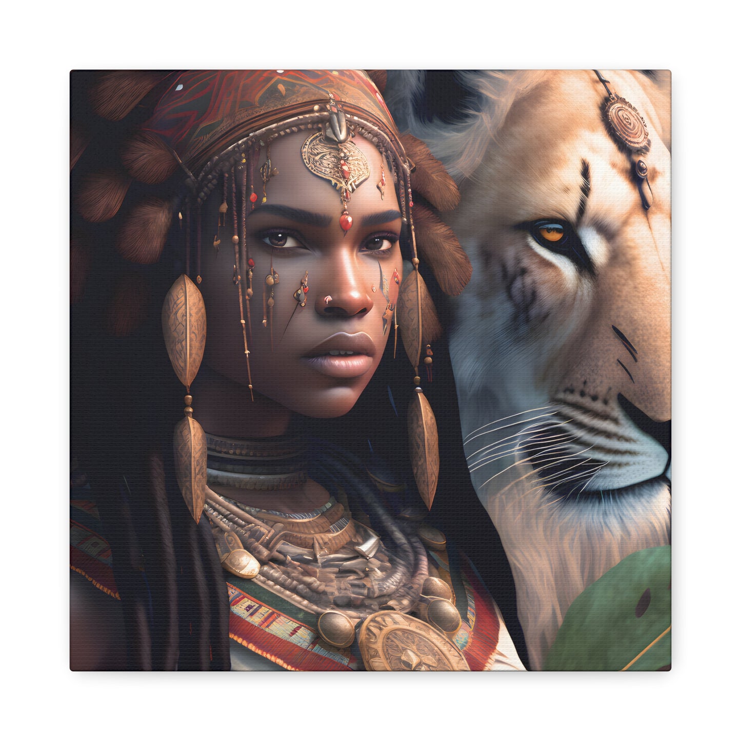 African Tribal Queen and White Lion Canvas – Regal Afrocentric Canvas Art Print, Bohemian Decor, Unique Wall Art, Tribal Home Decoration, Lion and Woman Artwork, Gift for Nature Lovers