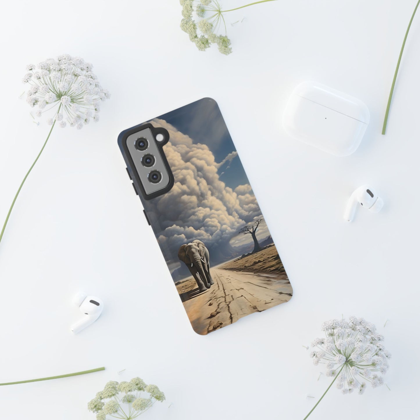 Elephant on Old Road Phone Case – Majestic Wildlife Art with Dramatic Cloud, Nature-Inspired Protective Cover