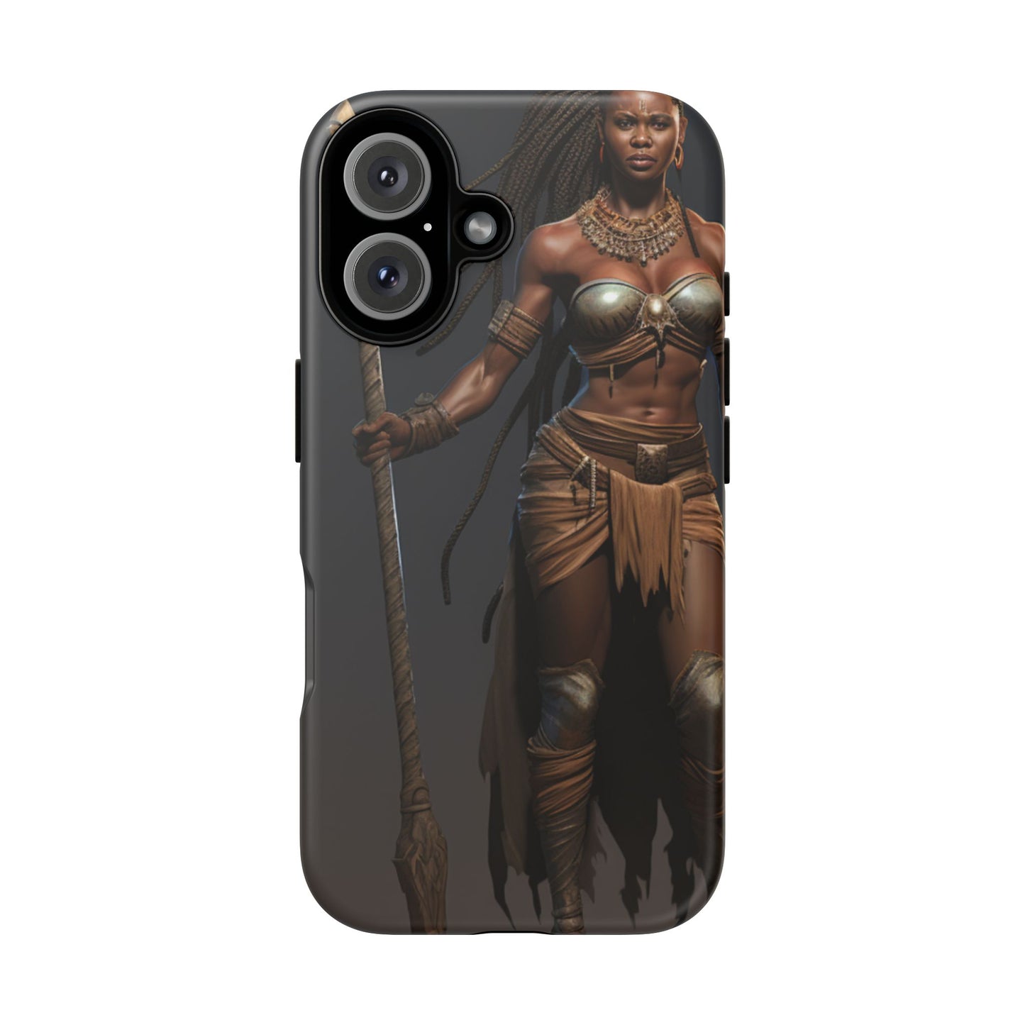 African Female Warrior Phone Case – Powerful Spear-Wielding Tribal Art Design, Bold Protective Cover