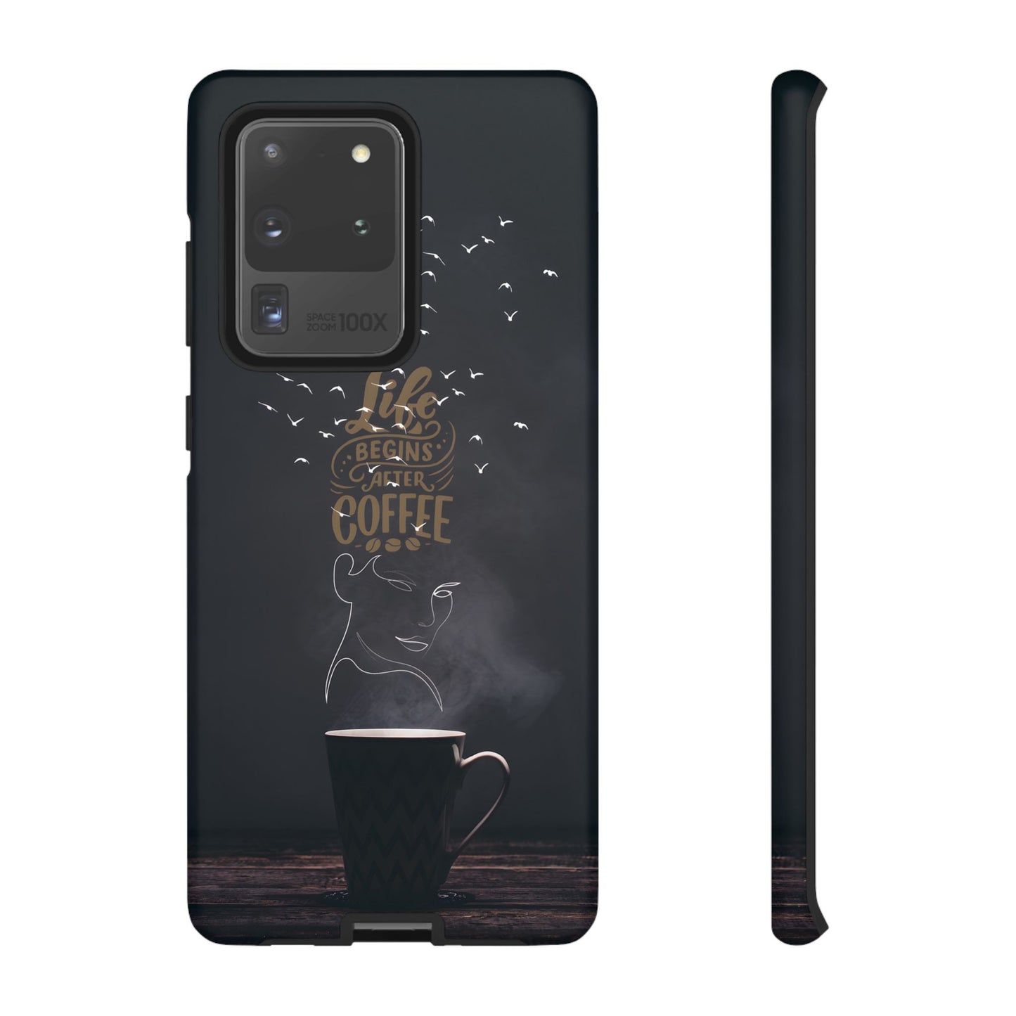 Life Begins After Coffee Phone Case – Coffee Mug Art with Woman's Face & Flying Birds, Unique Inspirational Design