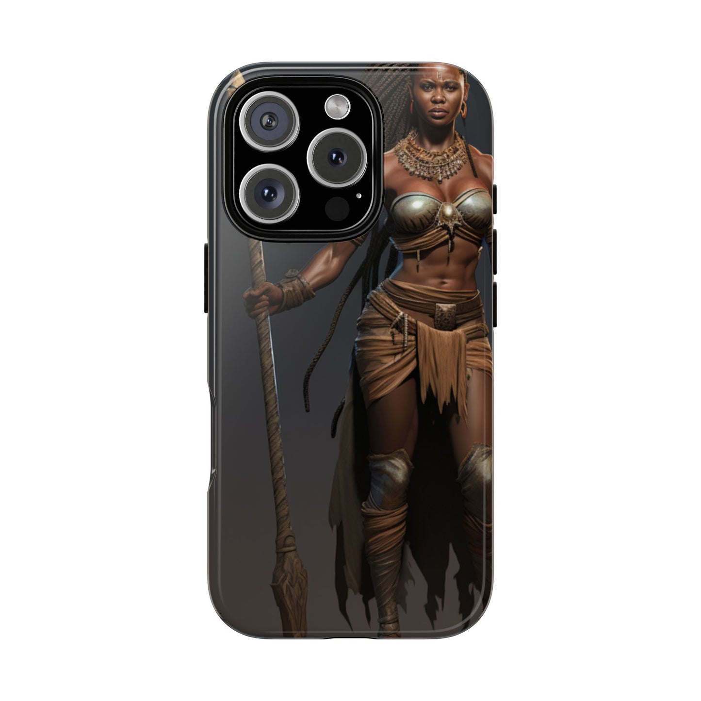 African Female Warrior Phone Case – Powerful Spear-Wielding Tribal Art Design, Bold Protective Cover