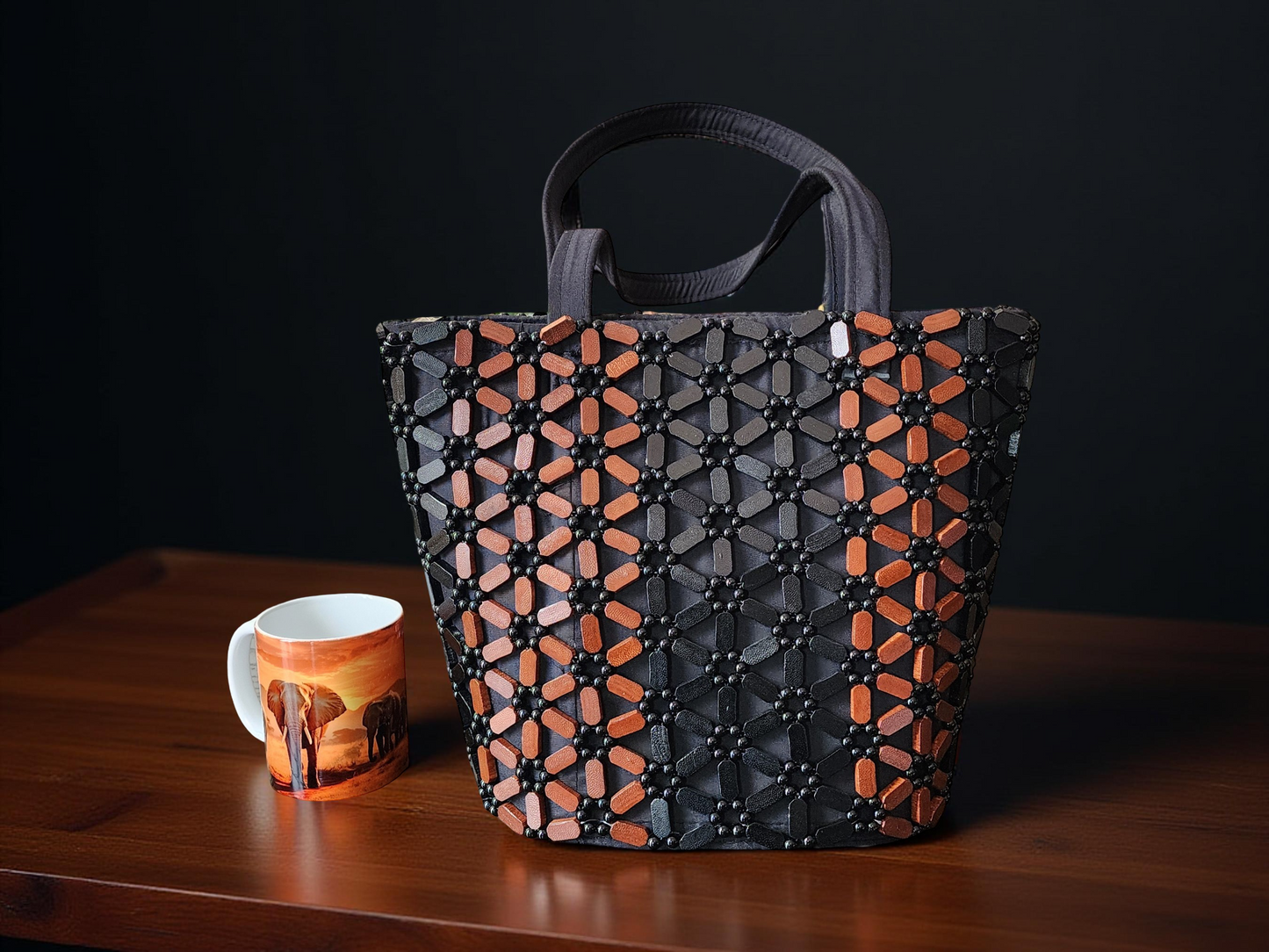 Large Handmade Beaded Tote Bag – Black & Copper Geometric African-Inspired Purse for Women
