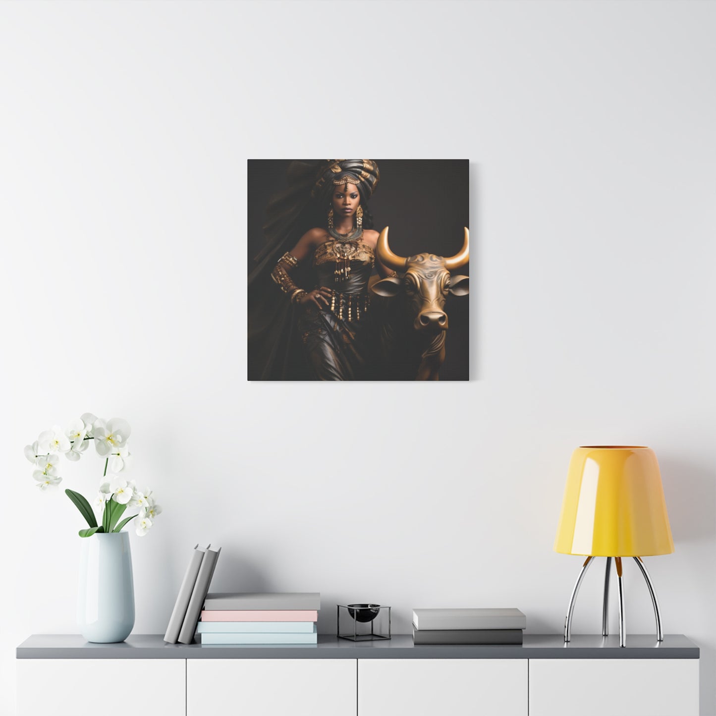 Golden African Queen with Bull – Regal Black Art Canvas for Empowered Spaces, Wall Decor, Home Decoration, Cultural Gift, Unique Artwork, Living Room Art