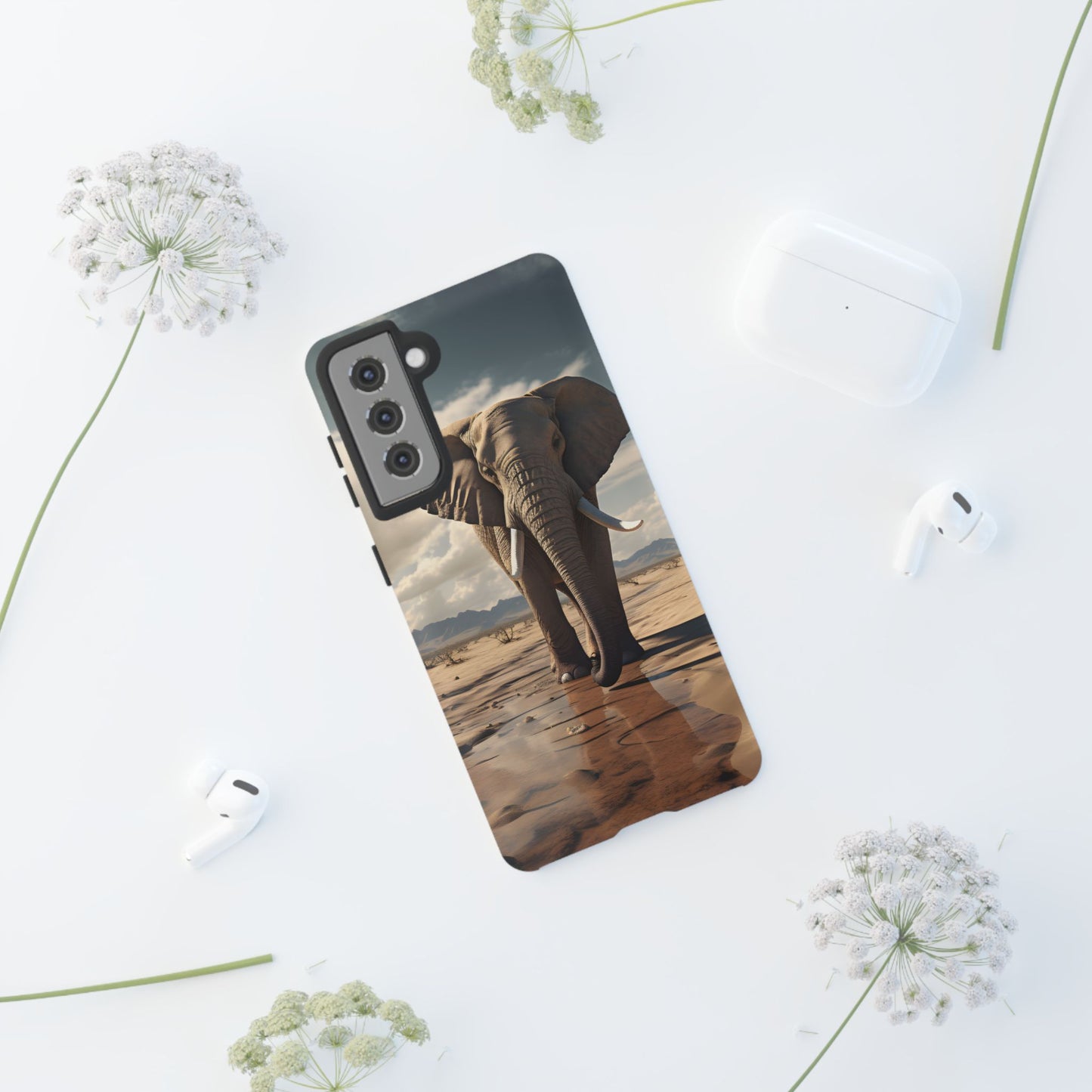 Elephant Drinking Water Phone Case - Wildlife Art in Dry Landscape Design, Nature-Inspired Protective Cover