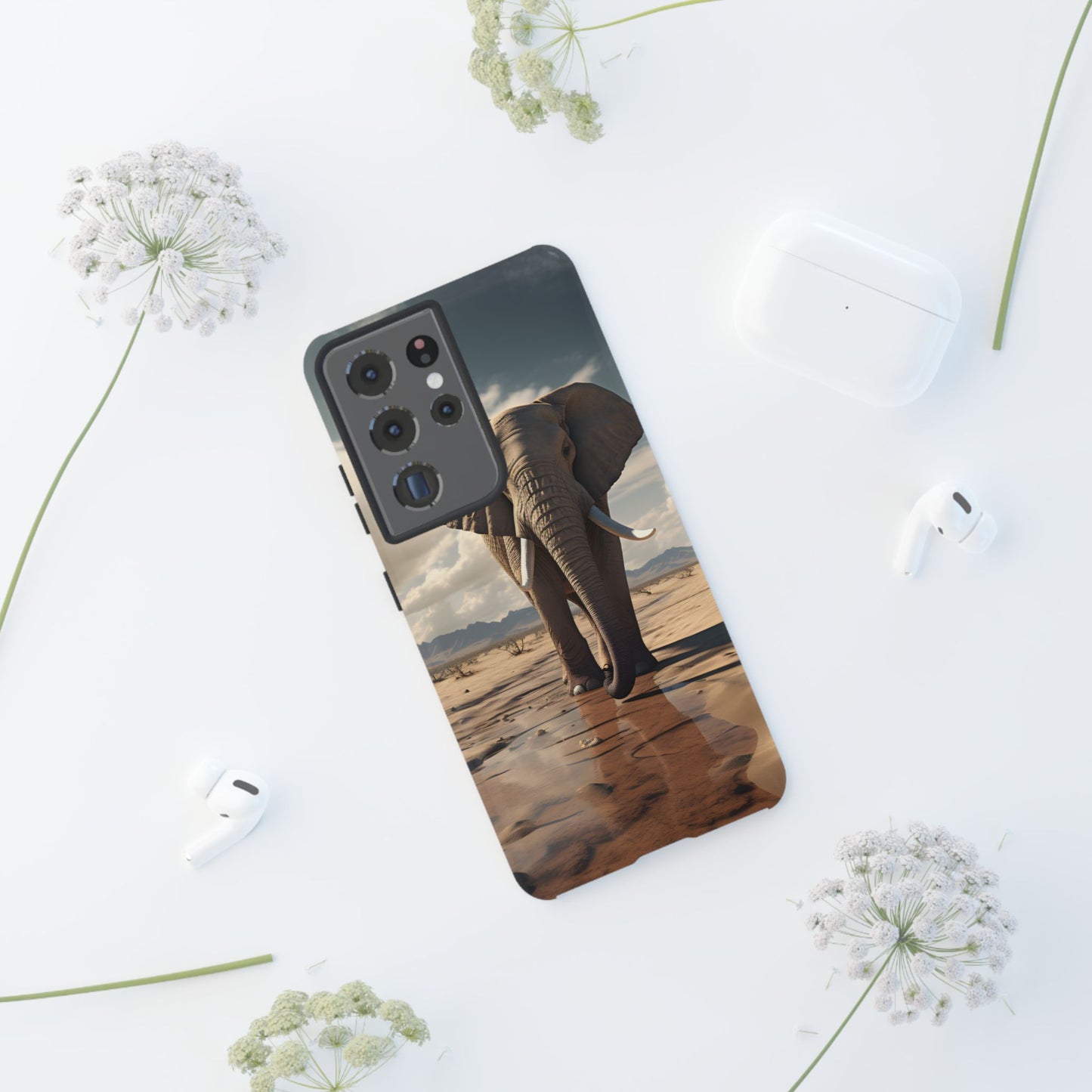 Elephant Drinking Water Phone Case - Wildlife Art in Dry Landscape Design, Nature-Inspired Protective Cover