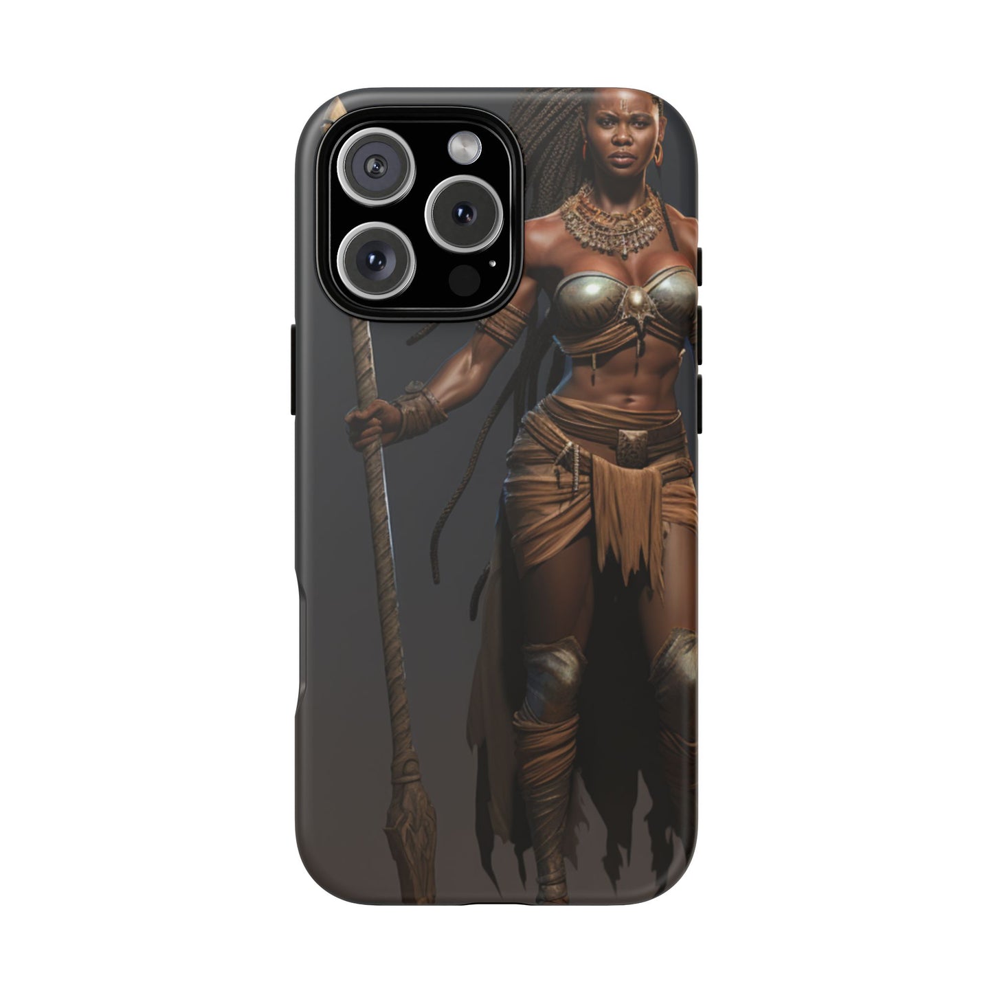 African Female Warrior Phone Case – Powerful Spear-Wielding Tribal Art Design, Bold Protective Cover