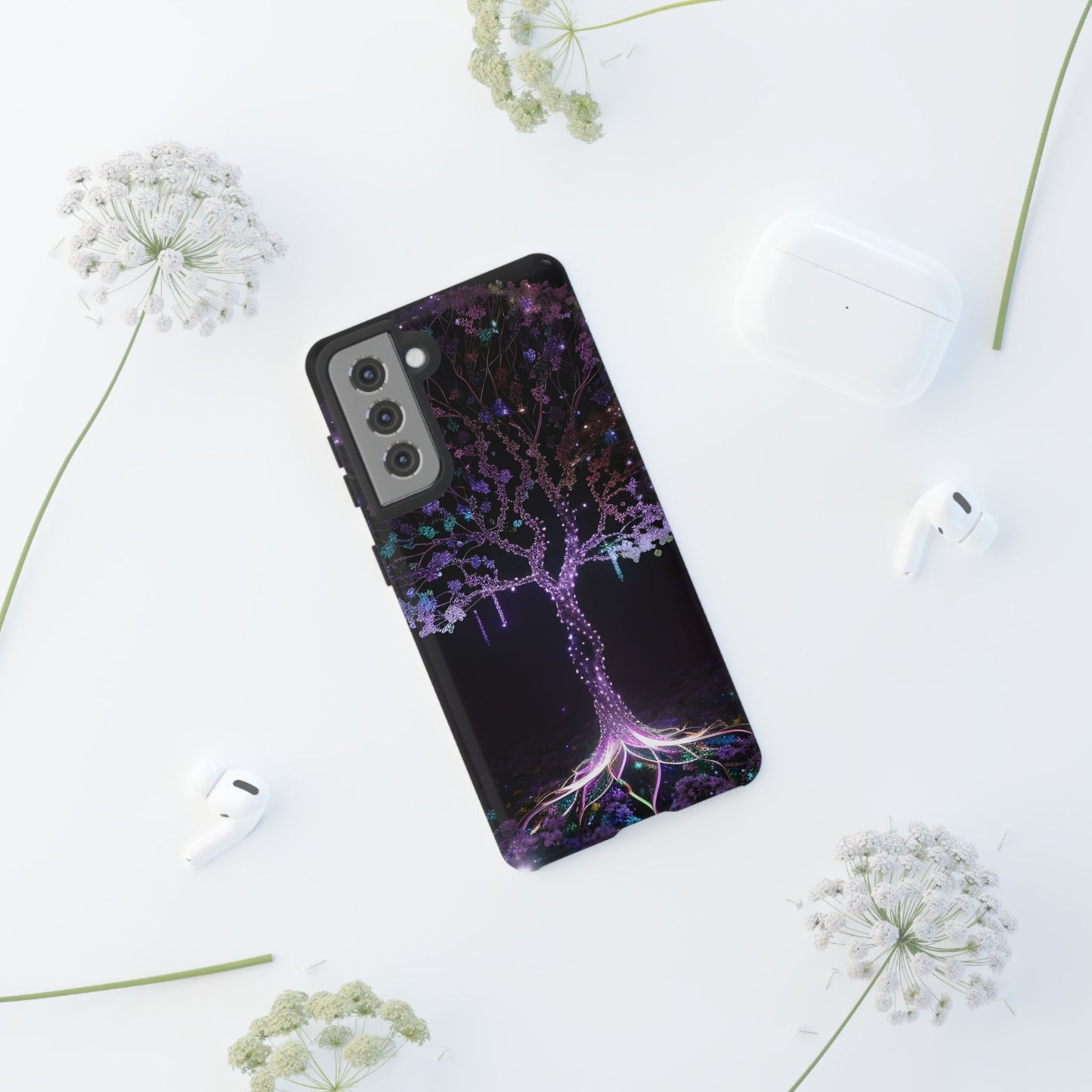 Dark Purple Tree Phone Case – Luminous Nature Art, Mystical Night Design Protective Cove