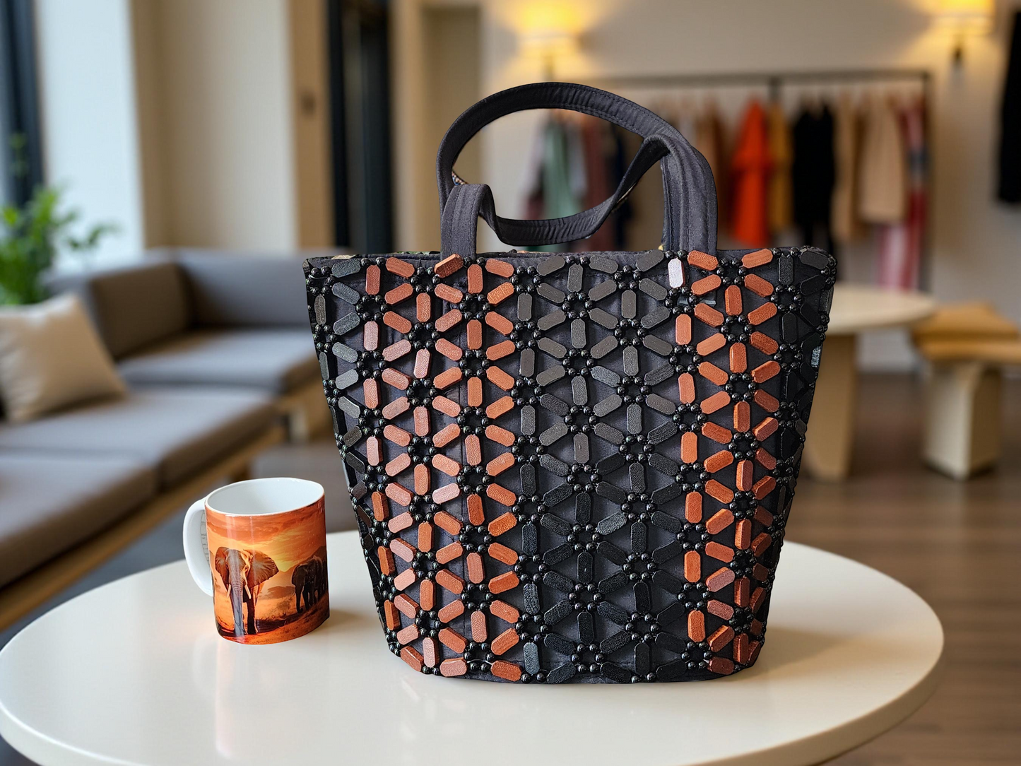 Large Handmade Beaded Tote Bag – Black & Copper Geometric African-Inspired Purse for Women