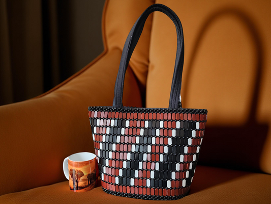 Red & Black Handmade Beaded Tote Bag – African-Inspired Shoulder Purse for Women