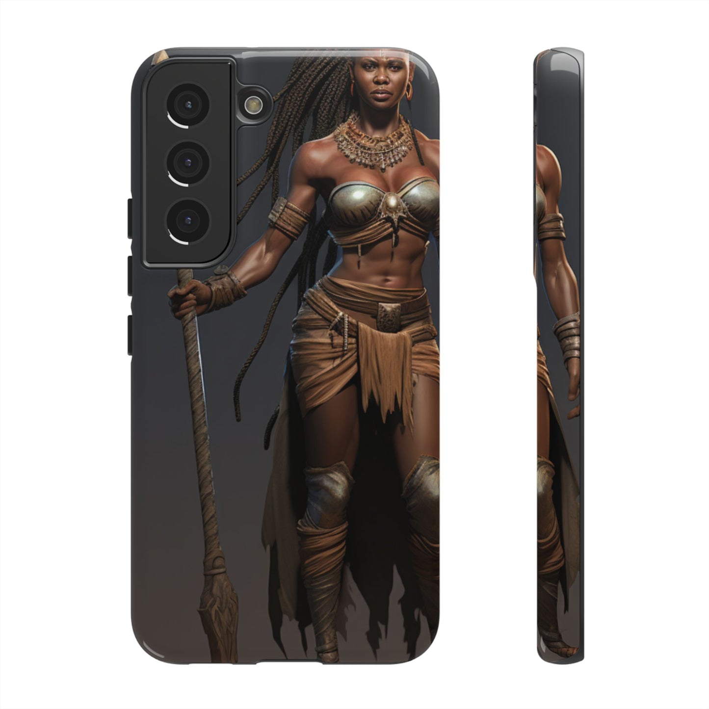 African Female Warrior Phone Case – Powerful Spear-Wielding Tribal Art Design, Bold Protective Cover