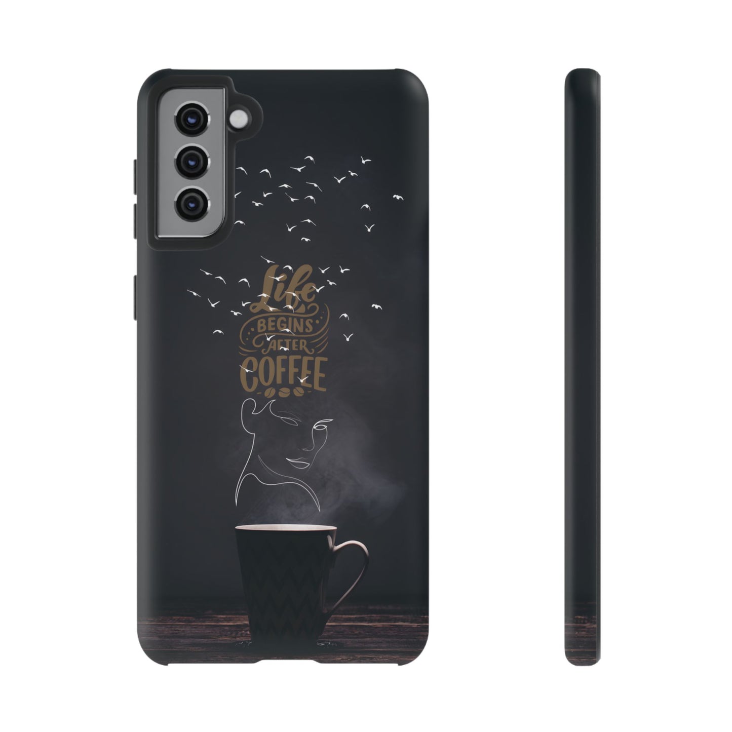 Life Begins After Coffee Phone Case – Coffee Mug Art with Woman's Face & Flying Birds, Unique Inspirational Design