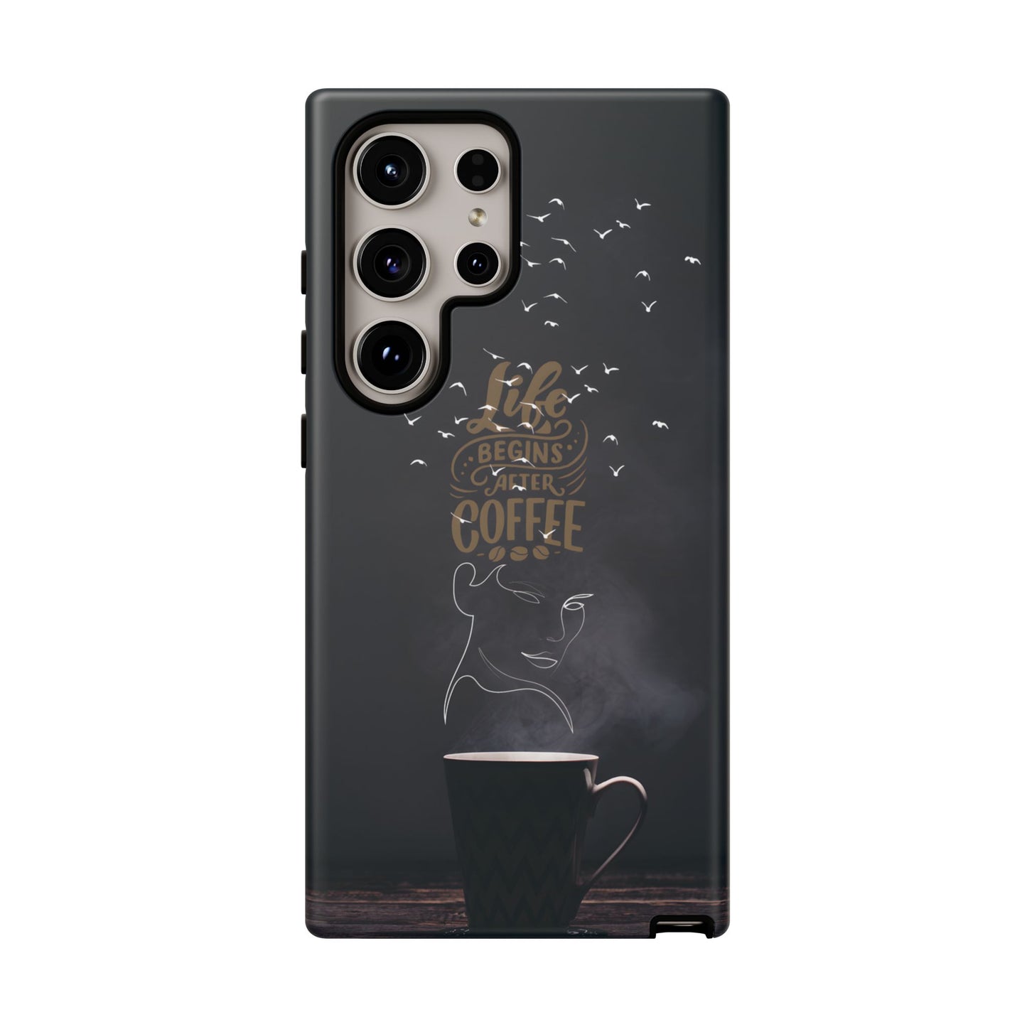 Life Begins After Coffee Phone Case – Coffee Mug Art with Woman's Face & Flying Birds, Unique Inspirational Design