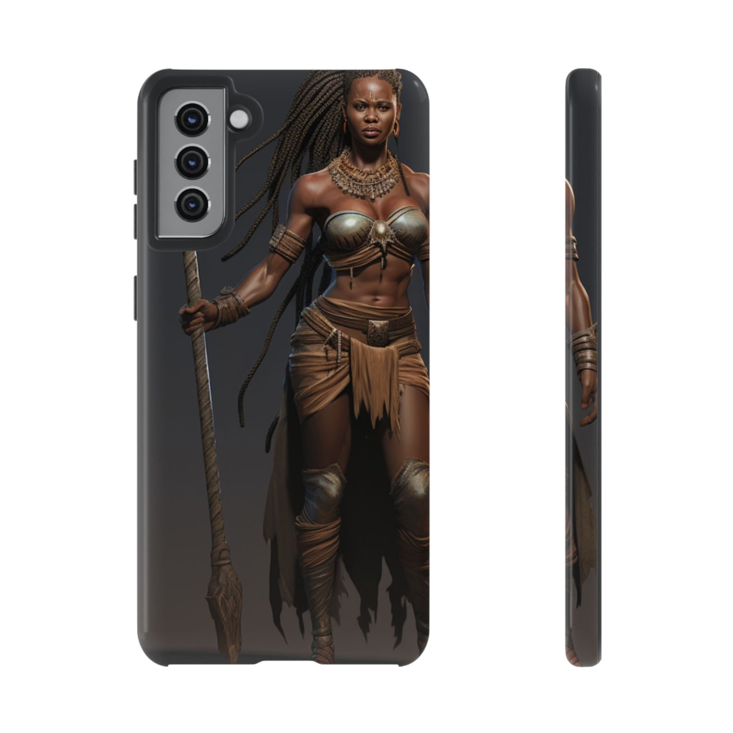 African Female Warrior Phone Case – Powerful Spear-Wielding Tribal Art Design, Bold Protective Cover