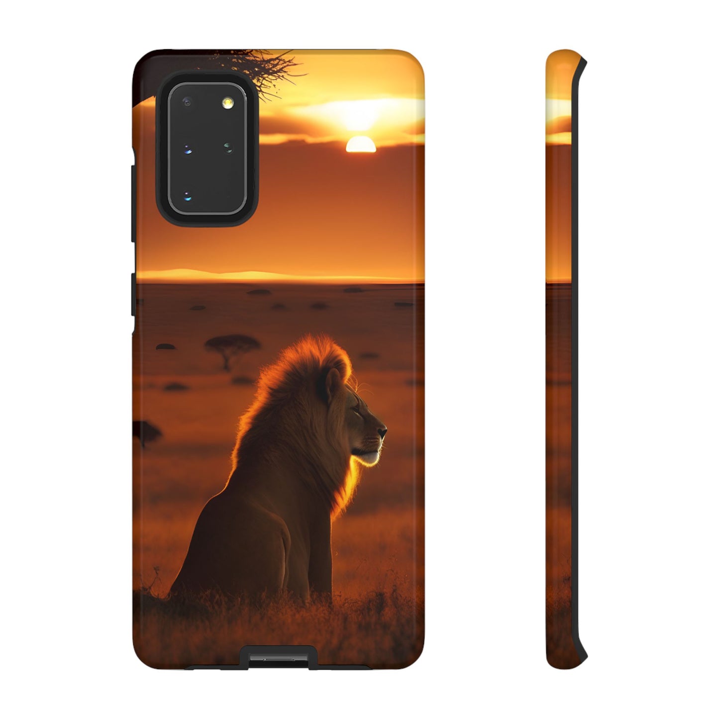 Lion Sunset Phone Case – Majestic Wildlife Art with Tree Silhouette, Safari-Inspired Protective Cover